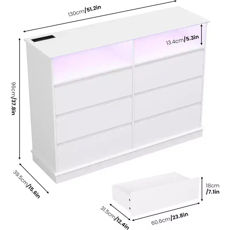 Commode blanche pour chambre, commode à 6 tiroirs avec éclairage LED et station de recharge, pour salon et couloir