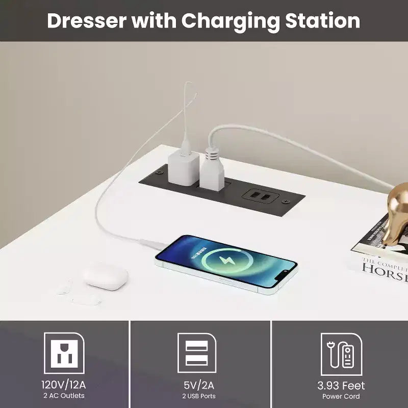 Commode blanche pour chambre, commode à 6 tiroirs avec éclairage LED et station de recharge, pour salon et couloir