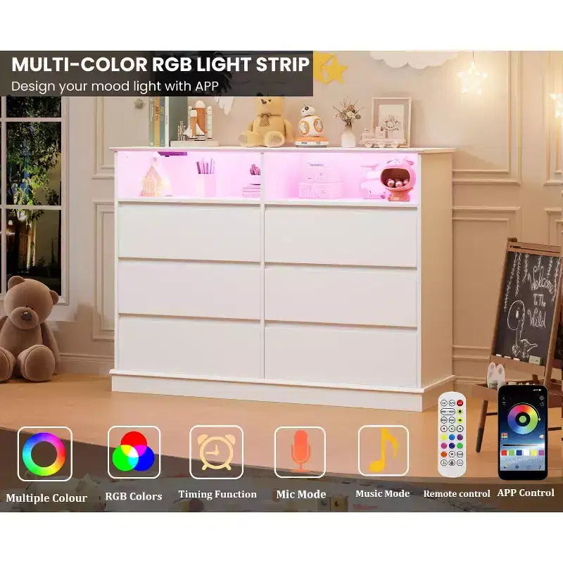 Commode blanche pour chambre, commode à 6 tiroirs avec éclairage LED et station de recharge, pour salon et couloir