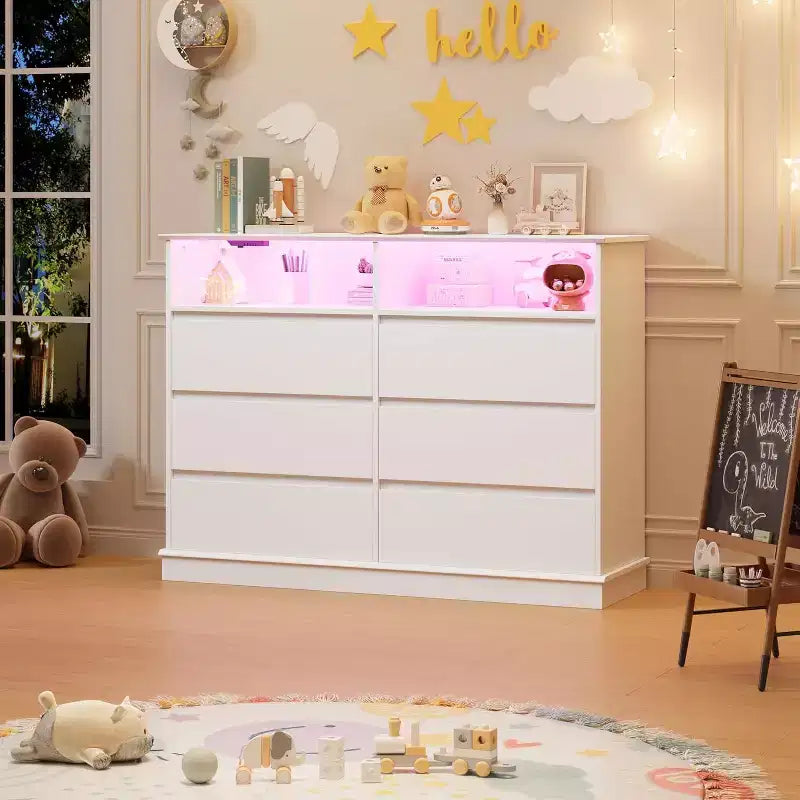 Commode blanche pour chambre, commode à 6 tiroirs avec éclairage LED et station de recharge, pour salon et couloir