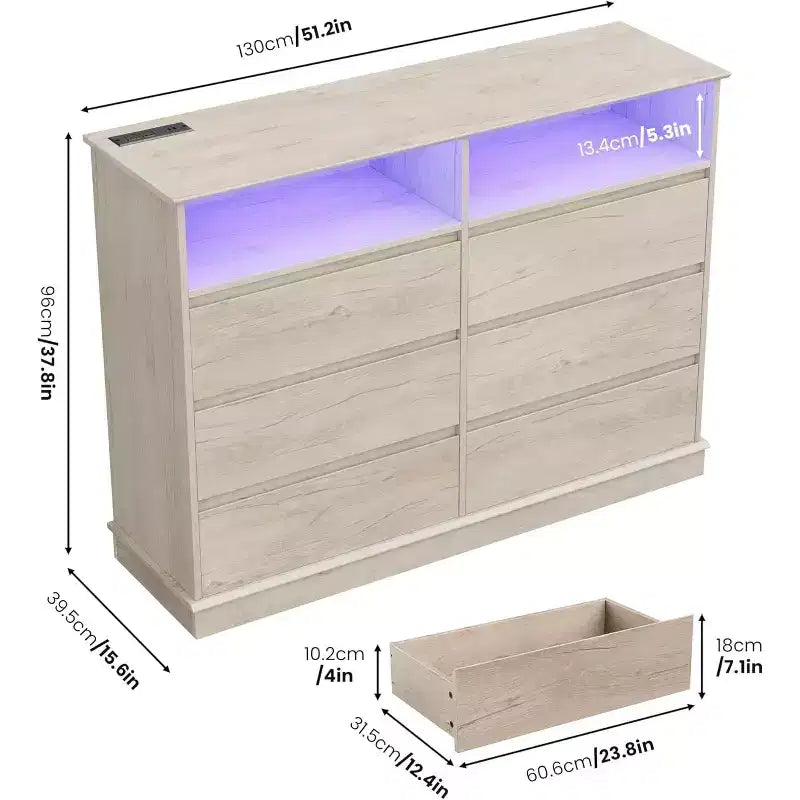 Commode blanche pour chambre, commode à 6 tiroirs avec éclairage LED et station de recharge, pour salon et couloir