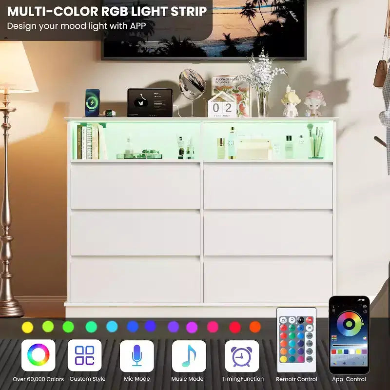 Commode blanche pour chambre, commode à 6 tiroirs avec éclairage LED et station de recharge, pour salon et couloir