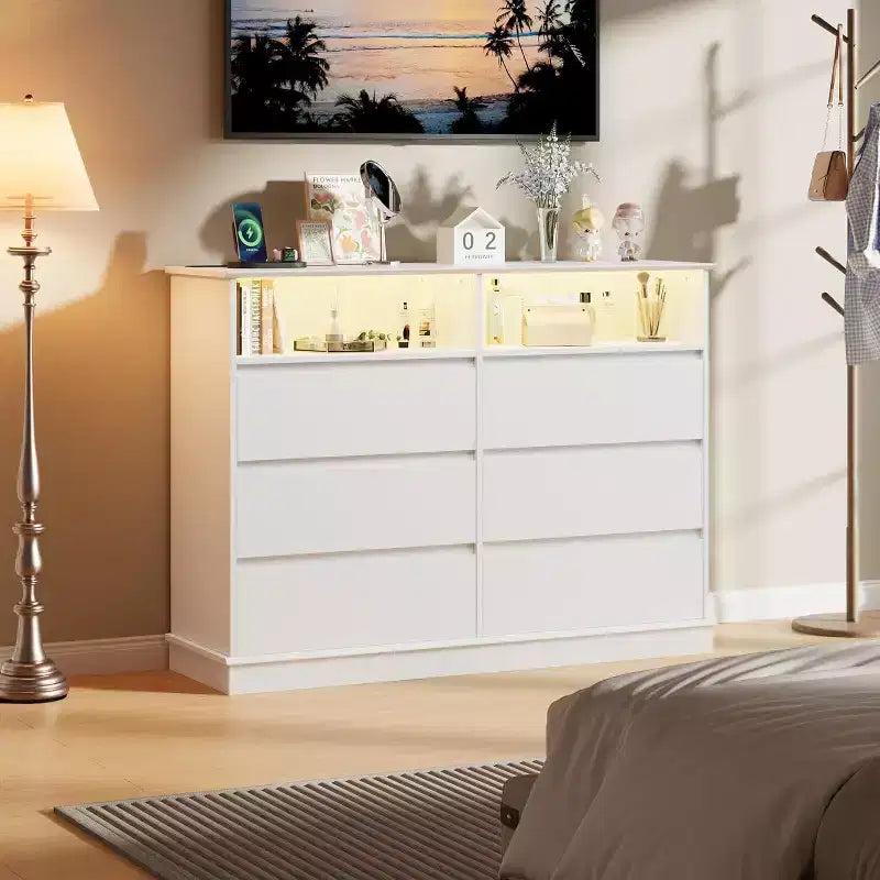 Commode blanche pour chambre, commode à 6 tiroirs avec éclairage LED et station de recharge, pour salon et couloir