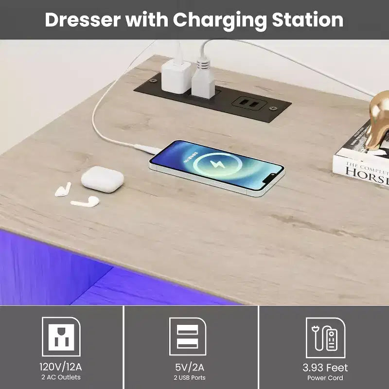 Commode blanche pour chambre, commode à 6 tiroirs avec éclairage LED et station de recharge, pour salon et couloir