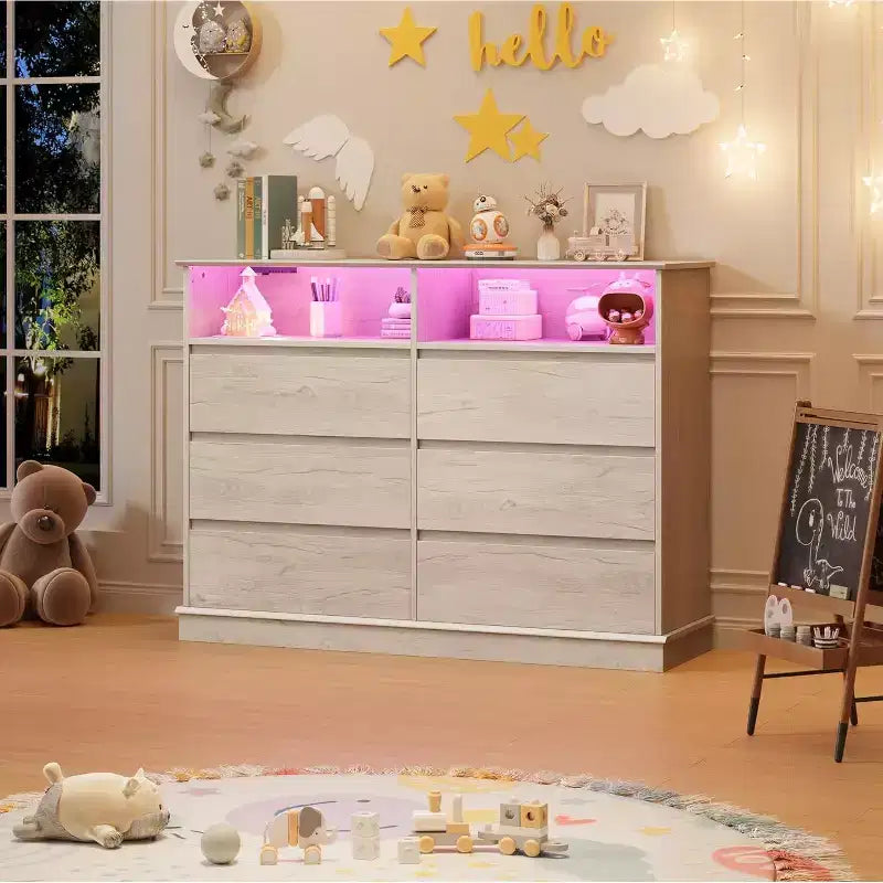 Weiße Kommode fürs Schlafzimmer, Kommode mit 6 Schubladen, LED-Leuchten und Ladestation, für Wohnzimmer und Flur