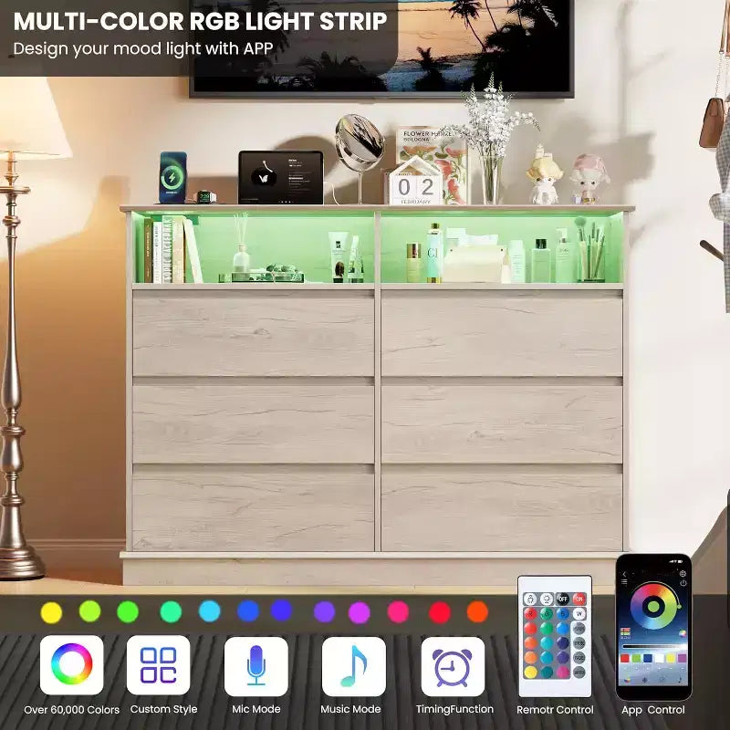 Commode blanche pour chambre, commode à 6 tiroirs avec éclairage LED et station de recharge, pour salon et couloir