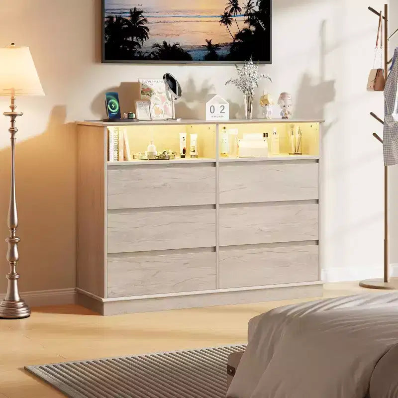 Commode blanche pour chambre, commode à 6 tiroirs avec éclairage LED et station de recharge, pour salon et couloir