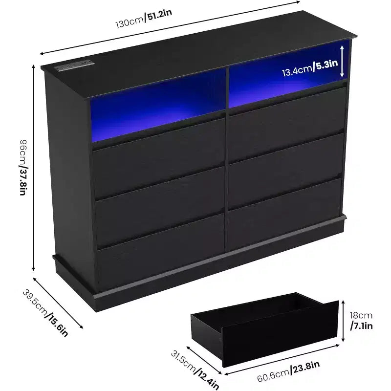 Commode blanche pour chambre, commode à 6 tiroirs avec éclairage LED et station de recharge, pour salon et couloir