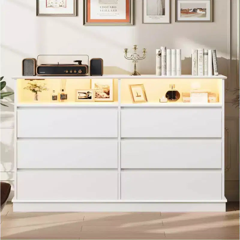 Weiße Kommode fürs Schlafzimmer, Kommode mit 6 Schubladen, LED-Leuchten und Ladestation, für Wohnzimmer und Flur