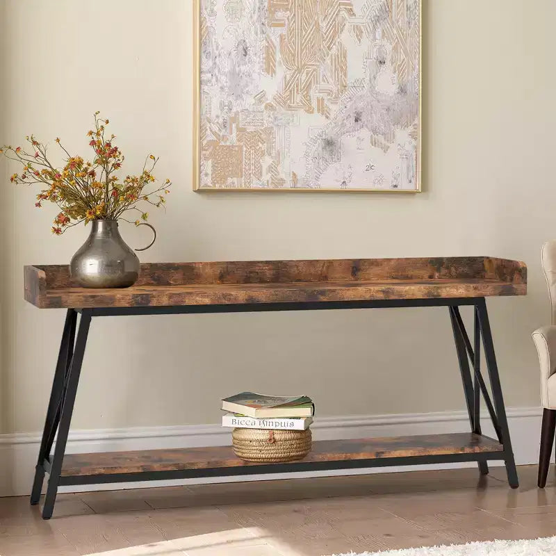 Table de canapé étroite rustique de 70.9 pouces, cadre en métal robuste, décoration intérieure