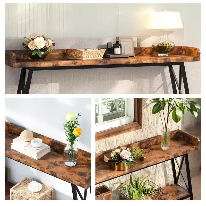 Table de canapé étroite rustique de 70.9 pouces, cadre en métal robuste, décoration intérieure