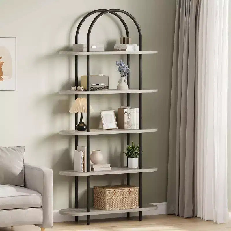 Bücherregal mit 5 Ablagen, 71 Zoll hohes Bücherregal mit Rundbogen, Metallrahmen, freistehendes Präsentationsregal für Schlafzimmer und Wohnzimmer