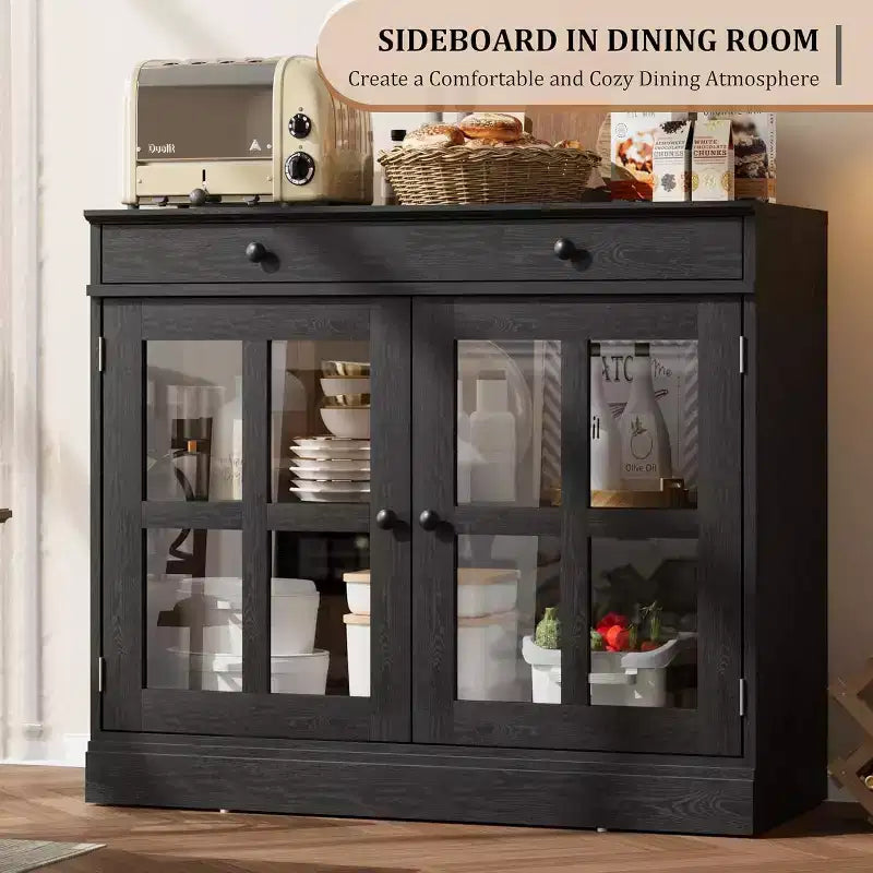 Küchenschrank, Sideboard mit 2 Glastüren, Holzschublade, MDF-Rückwand, moderner Kaffeebarschrank mit verstellbarem Regalboden