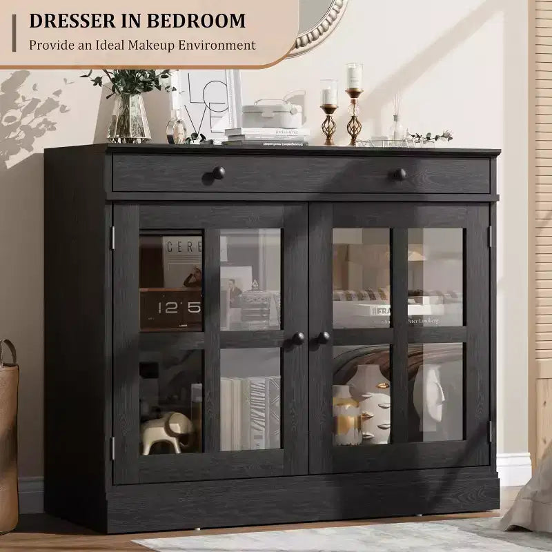 Küchenschrank, Sideboard mit 2 Glastüren, Holzschublade, MDF-Rückwand, moderner Kaffeebarschrank mit verstellbarem Regalboden