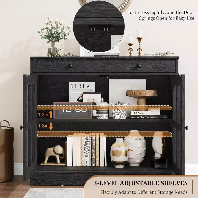 Küchenschrank, Sideboard mit 2 Glastüren, Holzschublade, MDF-Rückwand, moderner Kaffeebarschrank mit verstellbarem Regalboden
