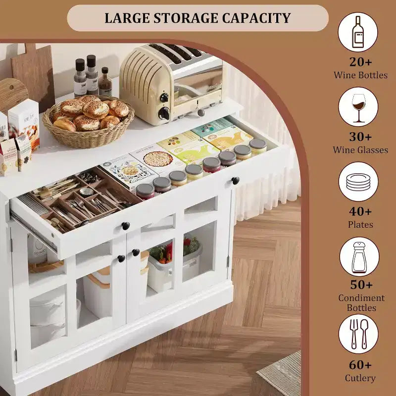 Küchenschrank, Sideboard mit 2 Glastüren, Holzschublade, MDF-Rückwand, moderner Kaffeebarschrank mit verstellbarem Regalboden