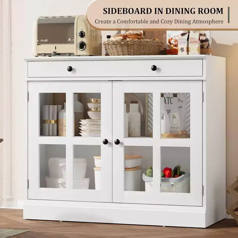 Küchenschrank, Sideboard mit 2 Glastüren, Holzschublade, MDF-Rückwand, moderner Kaffeebarschrank mit verstellbarem Regalboden