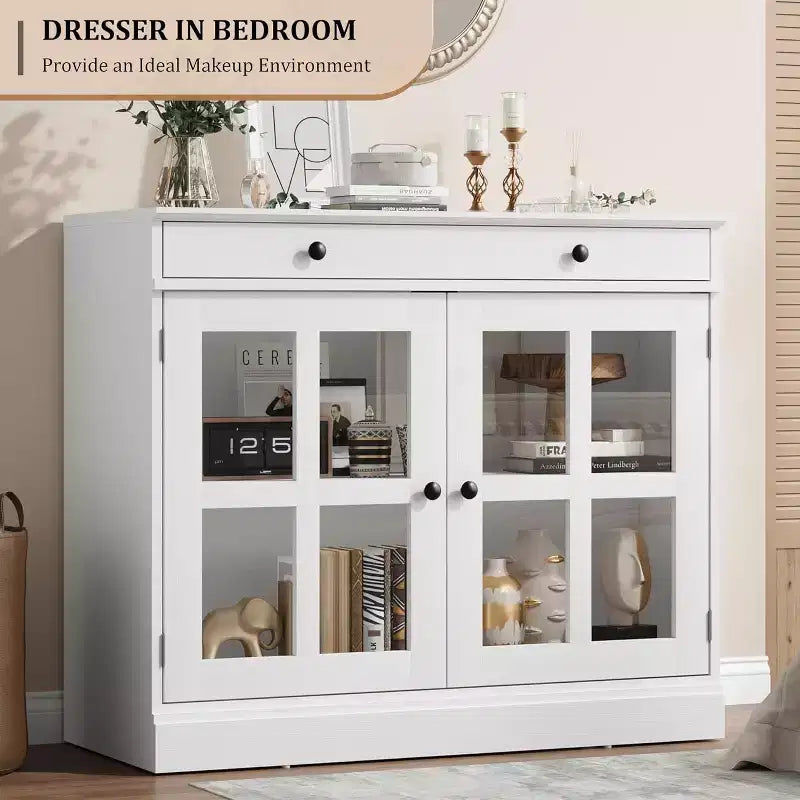Küchenschrank, Sideboard mit 2 Glastüren, Holzschublade, MDF-Rückwand, moderner Kaffeebarschrank mit verstellbarem Regalboden