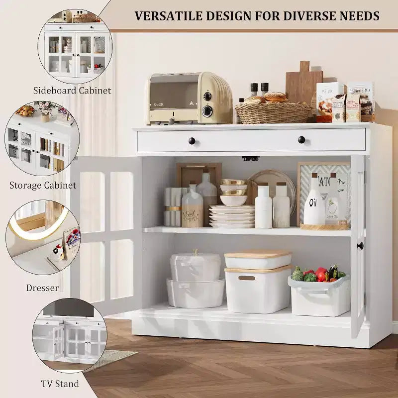 Küchenschrank, Sideboard mit 2 Glastüren, Holzschublade, MDF-Rückwand, moderner Kaffeebarschrank mit verstellbarem Regalboden