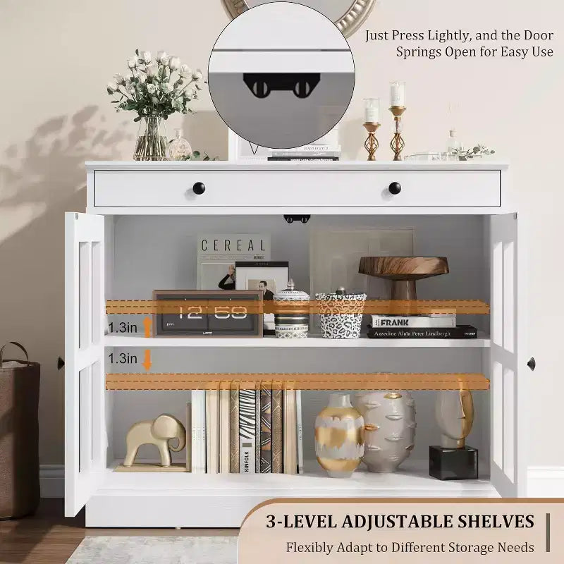 Küchenschrank, Sideboard mit 2 Glastüren, Holzschublade, MDF-Rückwand, moderner Kaffeebarschrank mit verstellbarem Regalboden