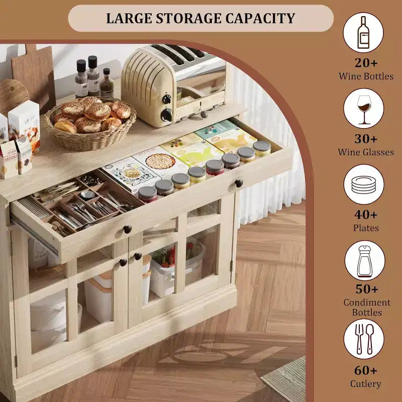 Küchenschrank, Sideboard mit 2 Glastüren, Holzschublade, MDF-Rückwand, moderner Kaffeebarschrank mit verstellbarem Regalboden