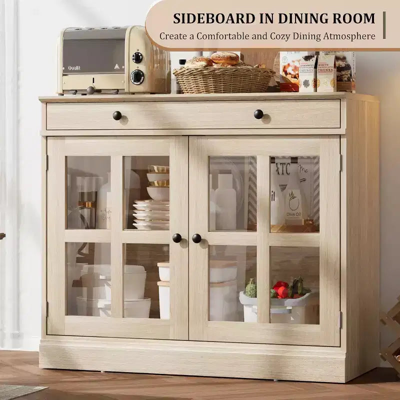 Küchenschrank, Sideboard mit 2 Glastüren, Holzschublade, MDF-Rückwand, moderner Kaffeebarschrank mit verstellbarem Regalboden