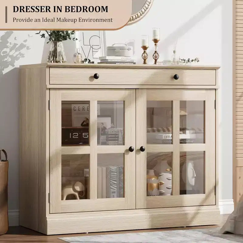 Küchenschrank, Sideboard mit 2 Glastüren, Holzschublade, MDF-Rückwand, moderner Kaffeebarschrank mit verstellbarem Regalboden