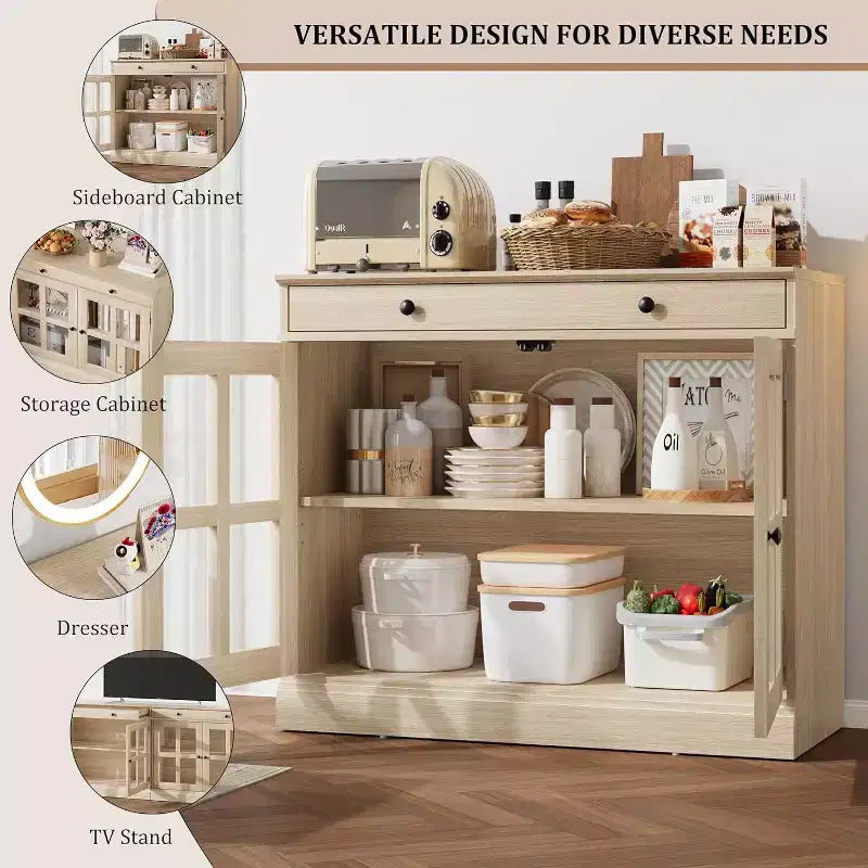 Küchenschrank, Sideboard mit 2 Glastüren, Holzschublade, MDF-Rückwand, moderner Kaffeebarschrank mit verstellbarem Regalboden