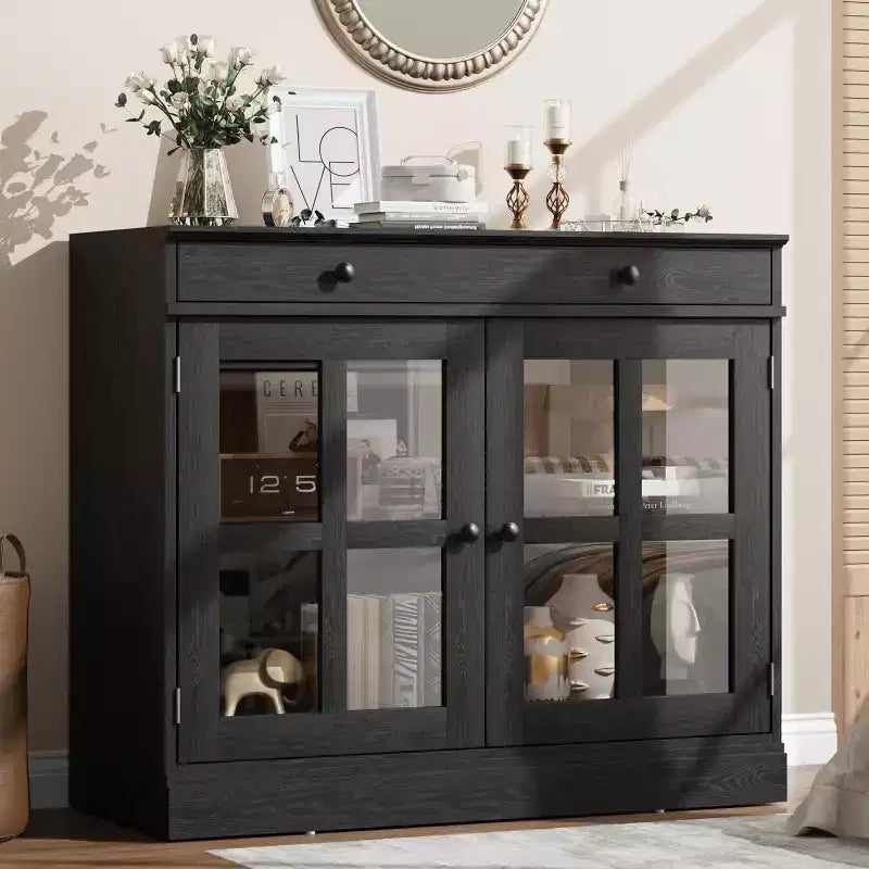 Küchenschrank, Sideboard mit 2 Glastüren, Holzschublade, MDF-Rückwand, moderner Kaffeebarschrank mit verstellbarem Regalboden