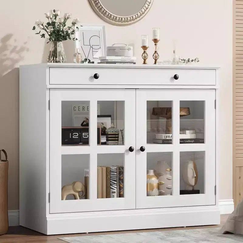 Küchenschrank, Sideboard mit 2 Glastüren, Holzschublade, MDF-Rückwand, moderner Kaffeebarschrank mit verstellbarem Regalboden