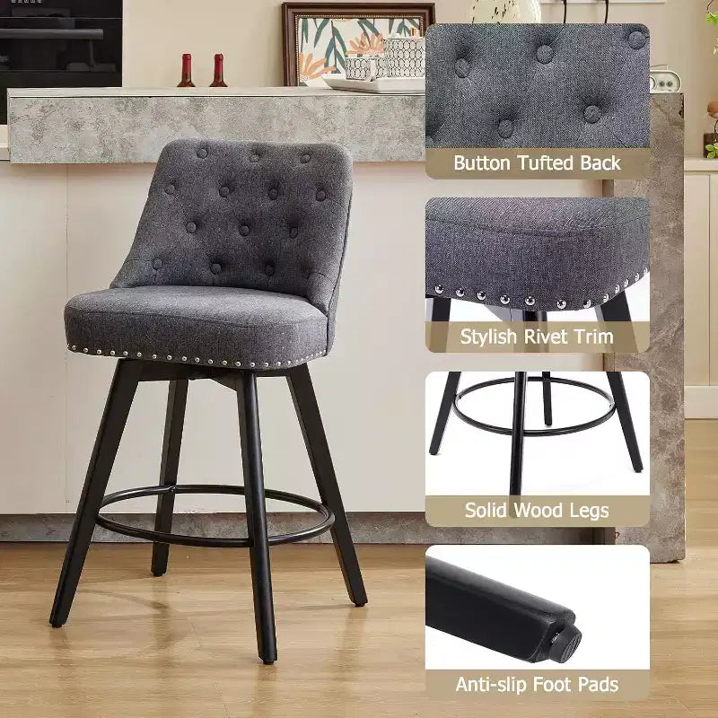 Set aus 2 modernen drehbaren Barhockern, gepolstert, mit Fußstütze, Rückenlehne und Metallbeinen, moderne Barhocker in Thekenhöhe für Bar und Kücheninsel