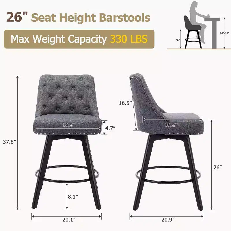 Set aus 2 modernen drehbaren Barhockern, gepolstert, mit Fußstütze, Rückenlehne und Metallbeinen, moderne Barhocker in Thekenhöhe für Bar und Kücheninsel