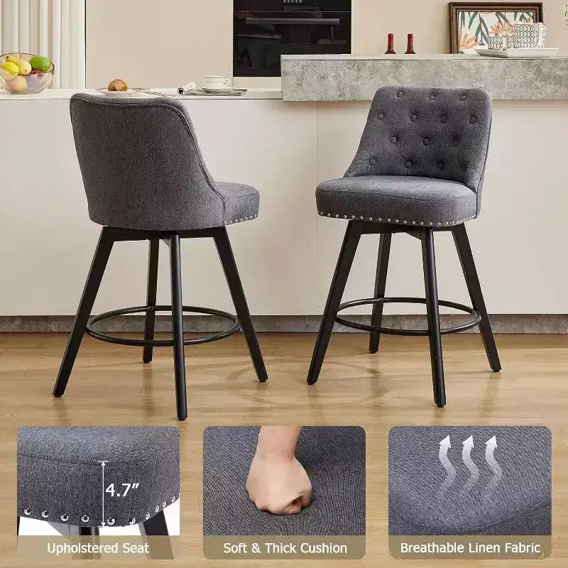 Set aus 2 modernen drehbaren Barhockern, gepolstert, mit Fußstütze, Rückenlehne und Metallbeinen, moderne Barhocker in Thekenhöhe für Bar und Kücheninsel