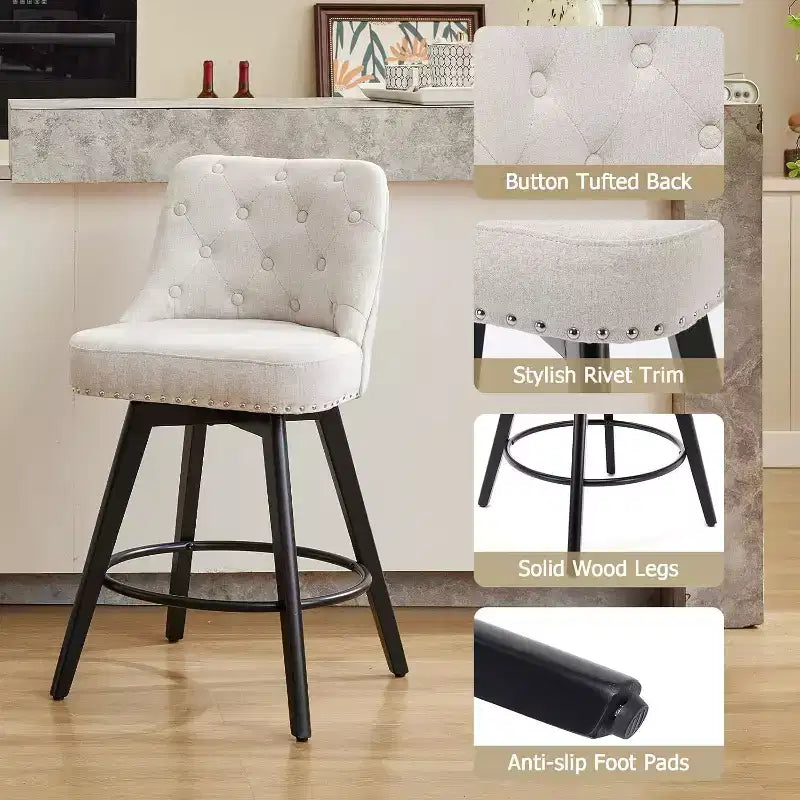 Set aus 2 modernen drehbaren Barhockern, gepolstert, mit Fußstütze, Rückenlehne und Metallbeinen, moderne Barhocker in Thekenhöhe für Bar und Kücheninsel
