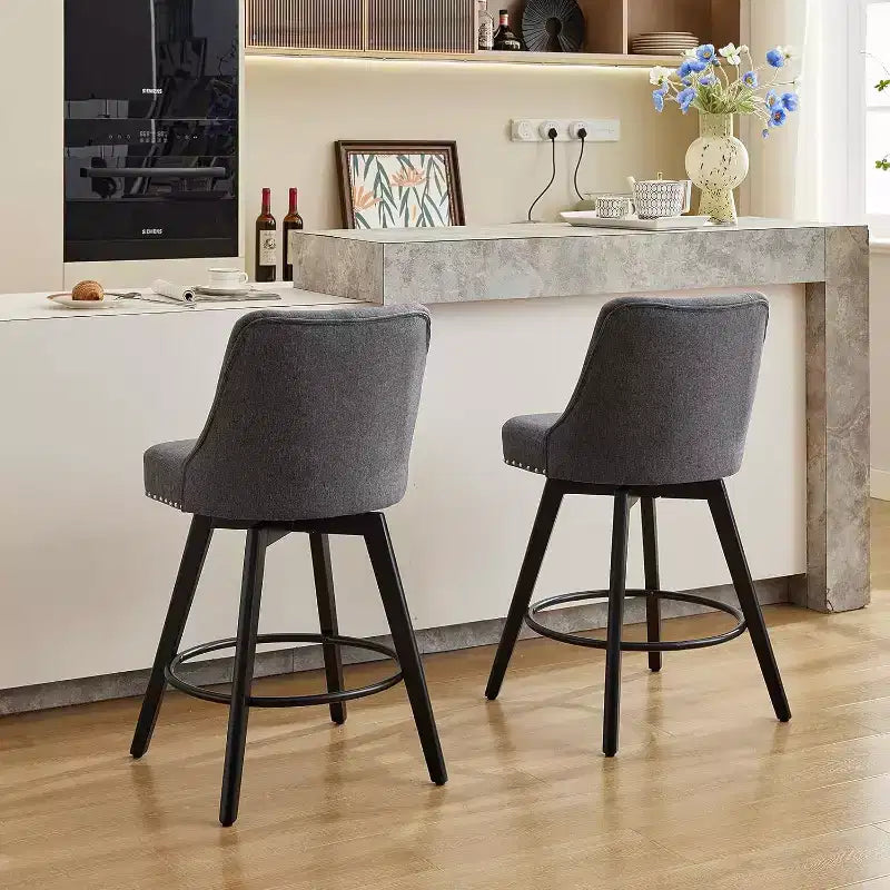 Set aus 2 modernen drehbaren Barhockern, gepolstert, mit Fußstütze, Rückenlehne und Metallbeinen, moderne Barhocker in Thekenhöhe für Bar und Kücheninsel