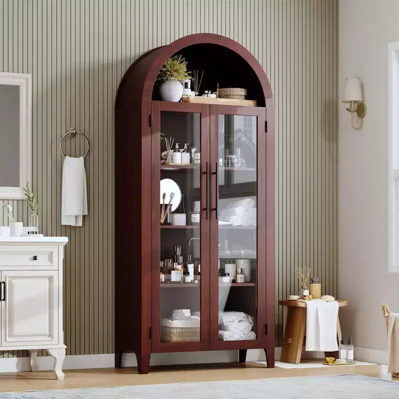Küchenvorratsschrank mit Rundbogen - Landhausregal mit 5 Ebenen, verstellbarem Regalboden und 2 großen Glastüren, vielseitiger Aufbewahrungsschrank