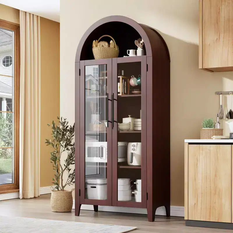 Küchenvorratsschrank mit Rundbogen - Landhausregal mit 5 Ebenen, verstellbarem Regalboden und 2 großen Glastüren, vielseitiger Aufbewahrungsschrank