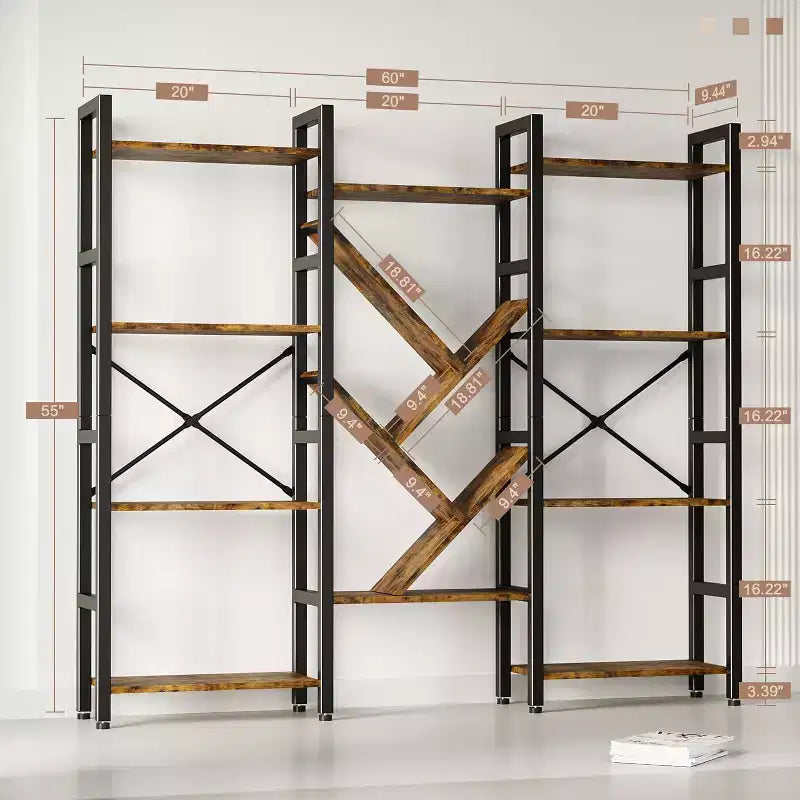 Bücherregale mit 4 Ebenen, große Bücherregale aus Holz, offene Ausstellungsregale für Wohn- und Schlafzimmer, modernes Bücherregal mit Metallrahmen, braun.