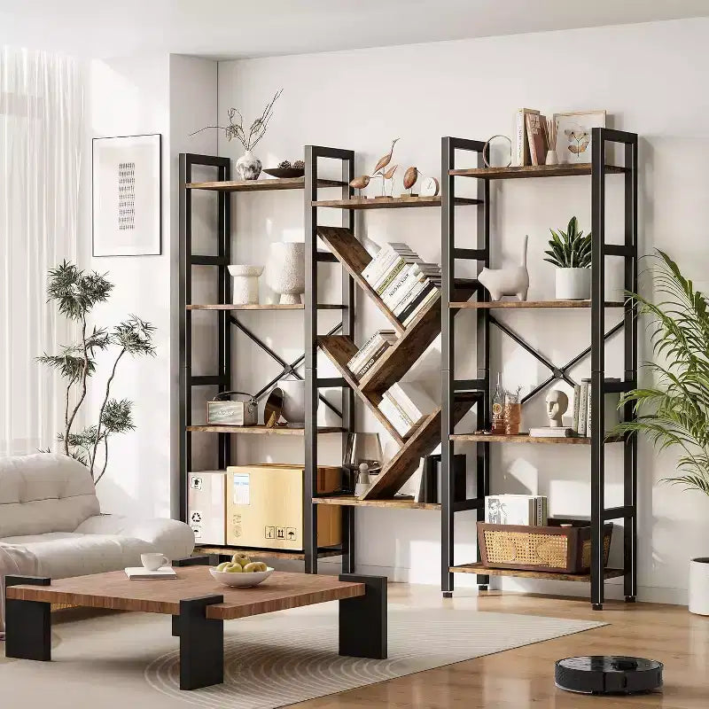 Bücherregale mit 4 Ebenen, große Bücherregale aus Holz, offene Ausstellungsregale für Wohn- und Schlafzimmer, modernes Bücherregal mit Metallrahmen, braun.