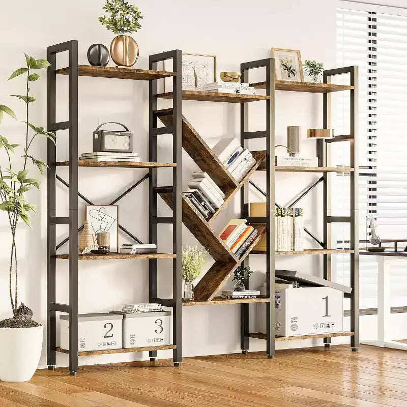 Bücherregale mit 4 Ebenen, große Bücherregale aus Holz, offene Ausstellungsregale für Wohn- und Schlafzimmer, modernes Bücherregal mit Metallrahmen, braun.