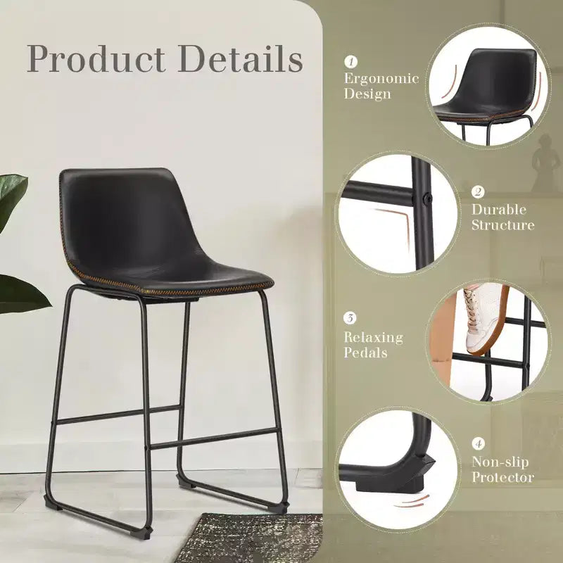 Ensemble de 2 tabourets de bar industriels rembourrés avec pieds en métal et repose-pieds, chaises de comptoir sans accoudoirs en similicuir pour salle à manger