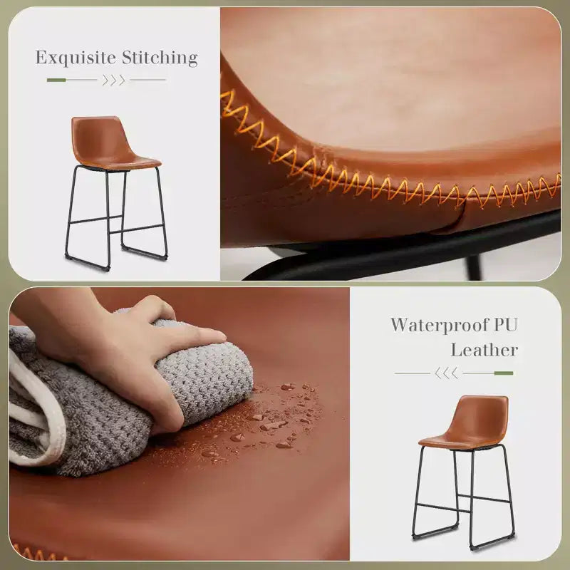 Ensemble de 2 tabourets de bar industriels rembourrés avec pieds en métal et repose-pieds, chaises de comptoir sans accoudoirs en similicuir pour salle à manger