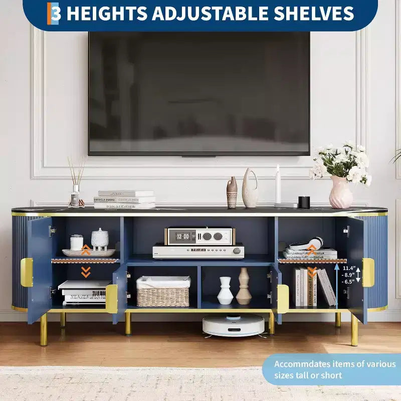 Mueble para TV de cuatro puertas con patrón de ondas redondas, centro de entretenimiento grande de lujo de 70, estantes ajustables