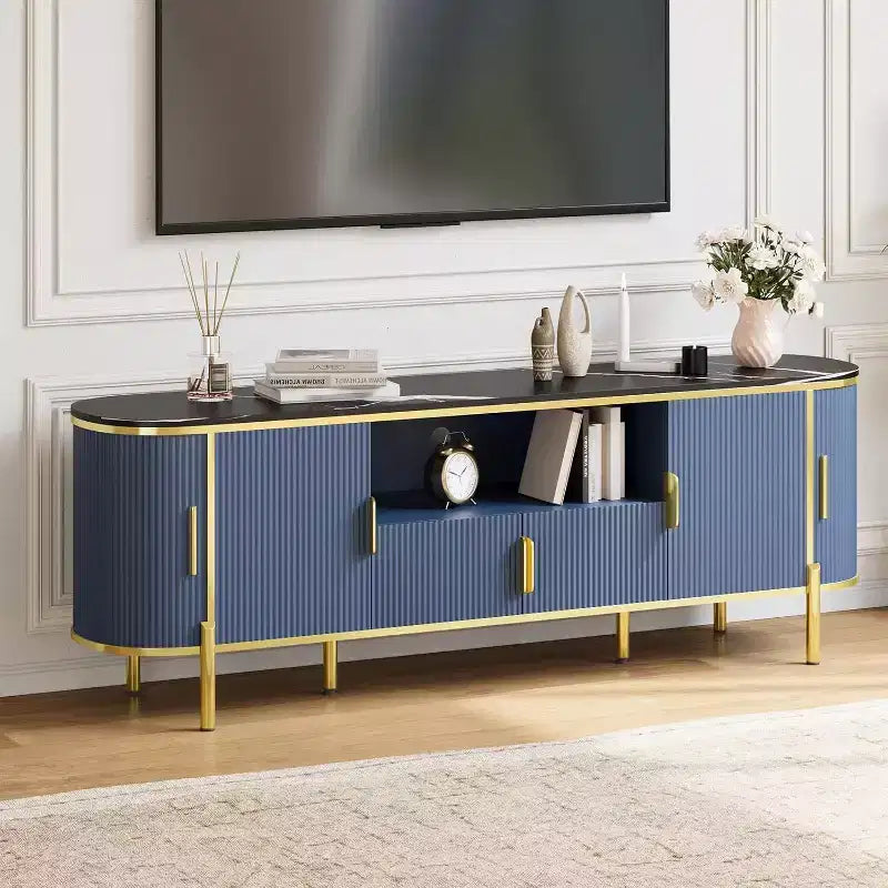 Mueble para TV de cuatro puertas con patrón de ondas redondas, centro de entretenimiento grande de lujo de 70, estantes ajustables