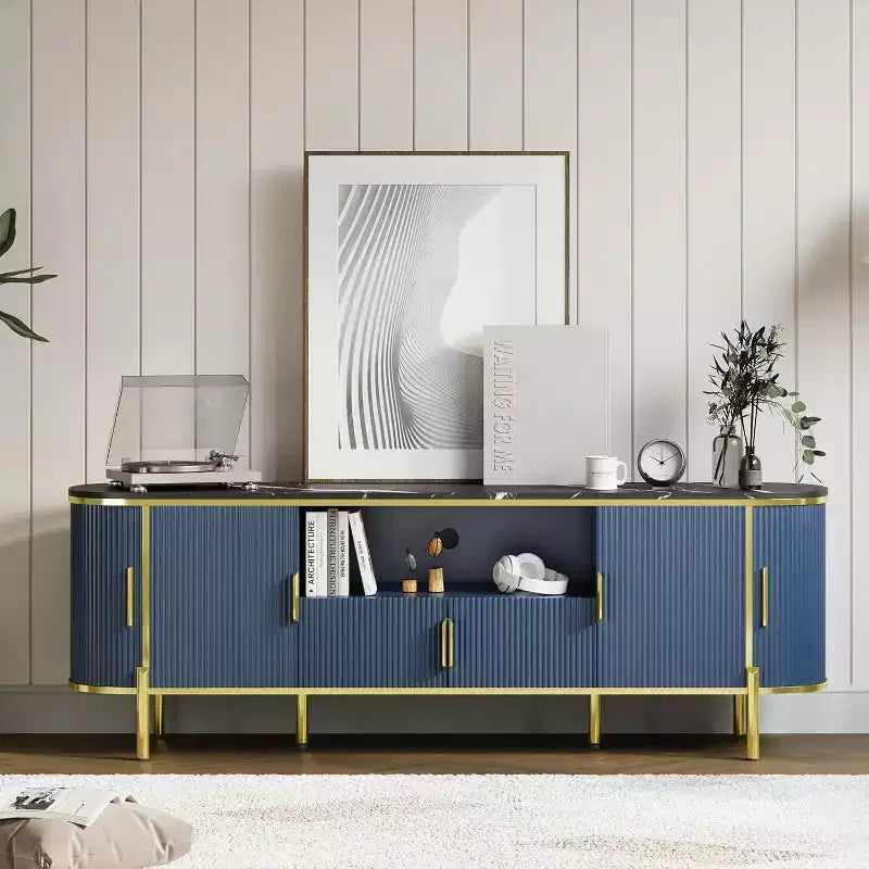 Mueble para TV de cuatro puertas con patrón de ondas redondas, centro de entretenimiento grande de lujo de 70, estantes ajustables