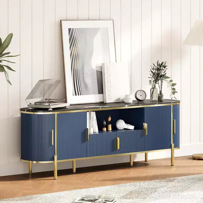 Mueble para TV de cuatro puertas con patrón de ondas redondas, centro de entretenimiento grande de lujo de 70, estantes ajustables