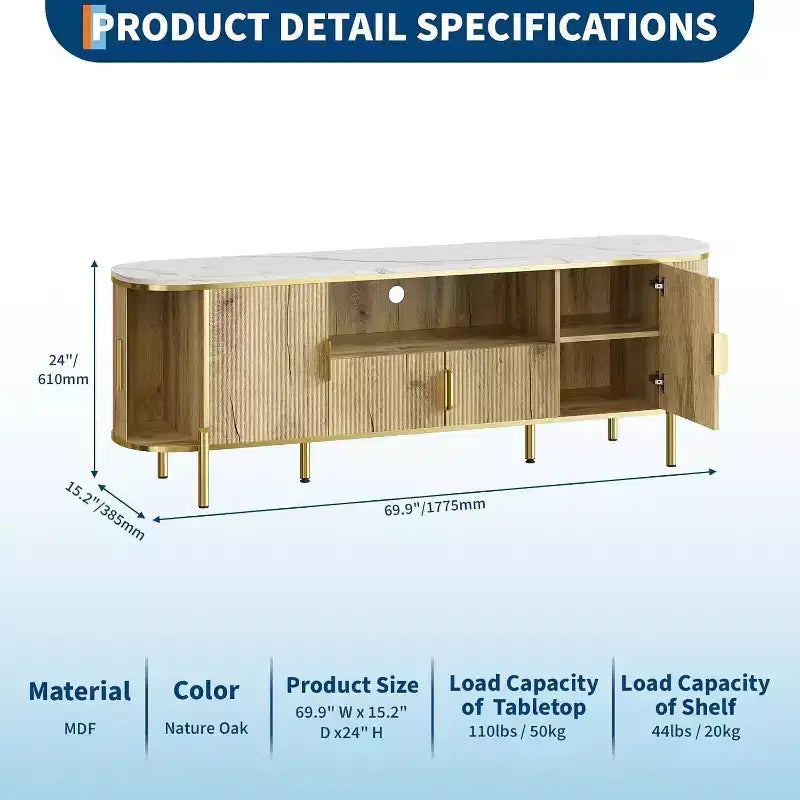 Mueble para TV de cuatro puertas con patrón de ondas redondas, centro de entretenimiento grande de lujo de 70, estantes ajustables