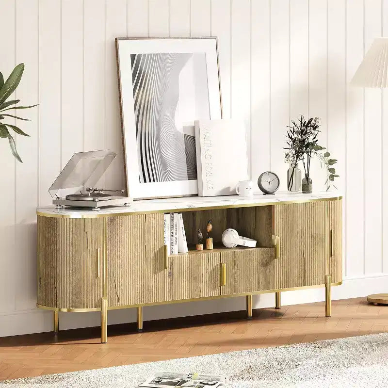 Mueble para TV de cuatro puertas con patrón de ondas redondas, centro de entretenimiento grande de lujo de 70, estantes ajustables