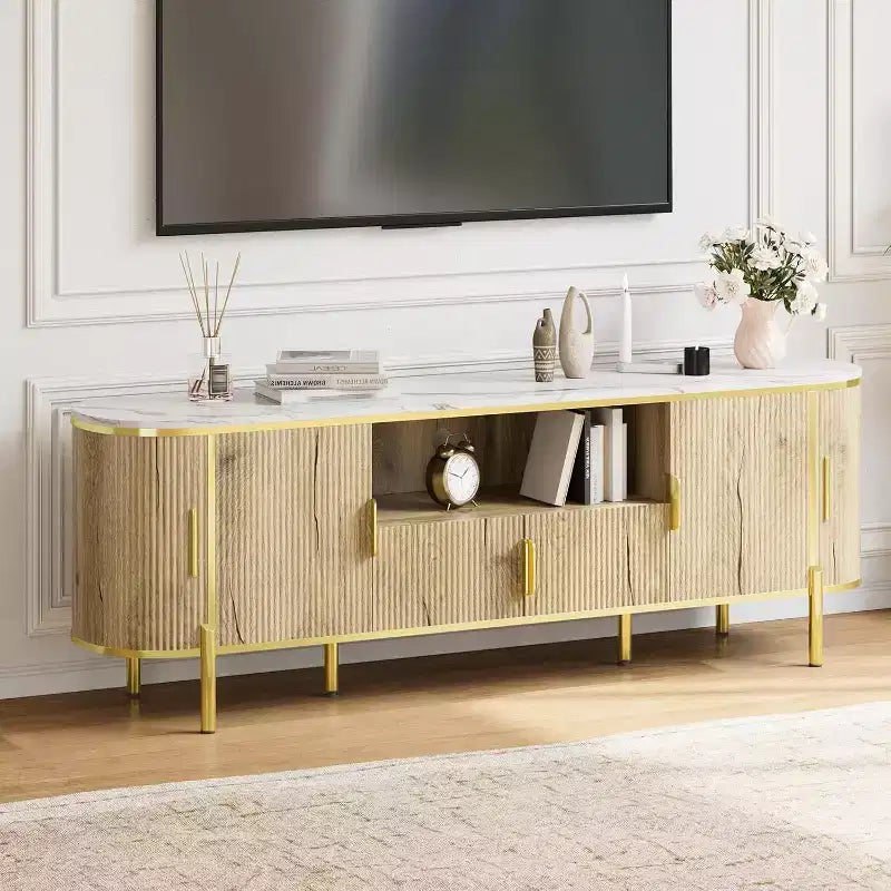 Runder TV-Schrank mit Wellenmuster und vier Türen, großes luxuriöses Entertainment-Center, 70, verstellbare Einlegeböden