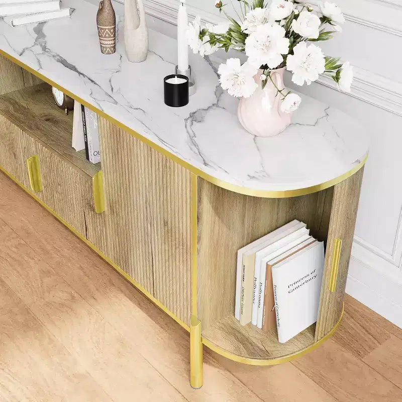 Mueble para TV de cuatro puertas con patrón de ondas redondas, centro de entretenimiento grande de lujo de 70, estantes ajustables